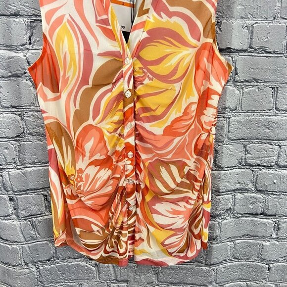 Cable and Gauge Blouse Womens Small Orange Floral Sleeveless Ruched Top V Neck - Picture 9 of 10